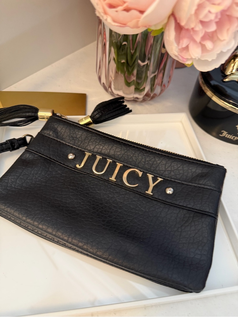 Juicy Couture Black Faux Leather 'JUICY' Logo Wristlet with Tassel
